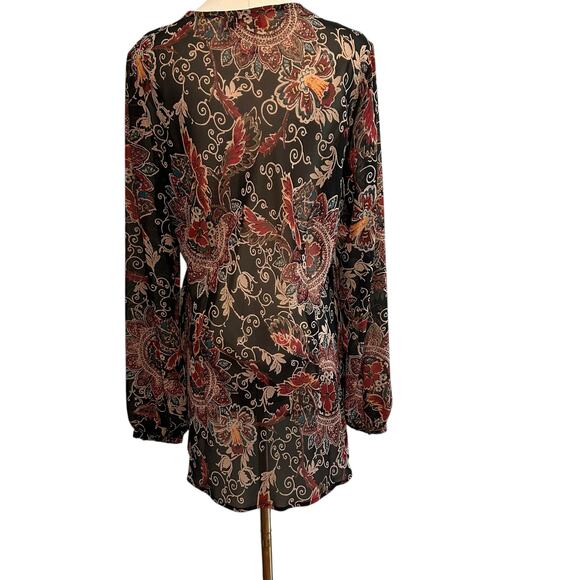 Bandolino Crochet SZ 14 Top Black Flower Tunic Boho Y2K Long Sleeve Pleated - Picture 6 of 10